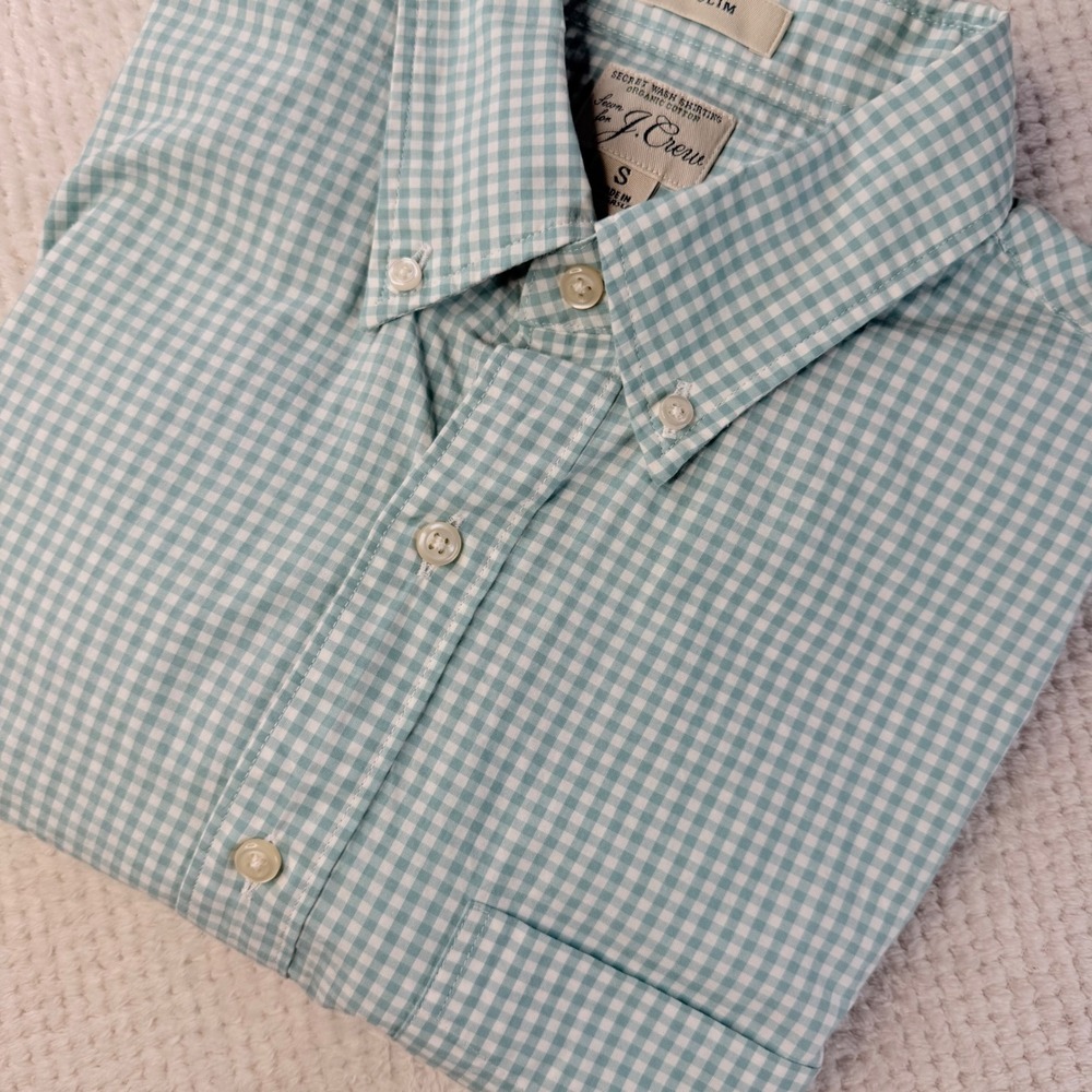 J.Crew Mens Secret Wash Organic Cotton Slim Gingham Button Down Shirt Green S